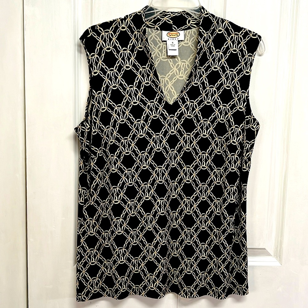 Talbots Black White Gold Chain Print Sleeveless V Neck Top Size XL